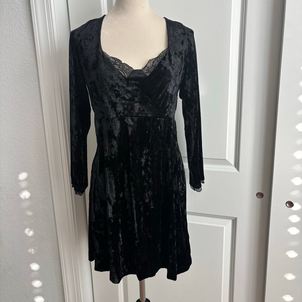 Free People Kat Black Crushed Velvet & Lace Mini Dress XL Whimsygoth Witchy - Picture 2 of 15